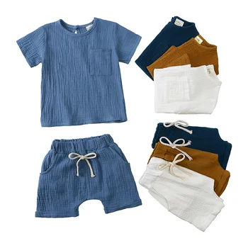 Детская одежда, костюм из льна, хлопка, Однотонная футболка с короткими рукавами + шорты, Комплект летней одежды для маленьких мальчиков и девочек