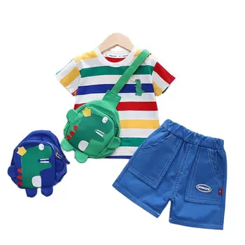 Летний костюм для маленьких девочек, Хлопковая футболка с героями мультфильмов для мальчиков, Шорты, 2 шт./компл., модная одежда для малышей, детские спортивные костюмы + сумка