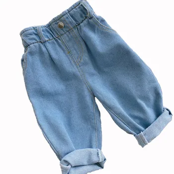 2023 Осенне-зимние новые джинсы, одежда для маленьких девочек, одежда для маленьких мальчиков, однотонные теплые джинсы с высокой талией, детская одежда