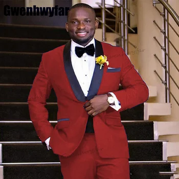 Роскошная мужская одежда Gwenhwyfar, однобортный мужской костюм, шаль с лацканами, 2 предмета, красные свадебные платья, костюм для выпускного вечера Grom (пиджак + брюки)