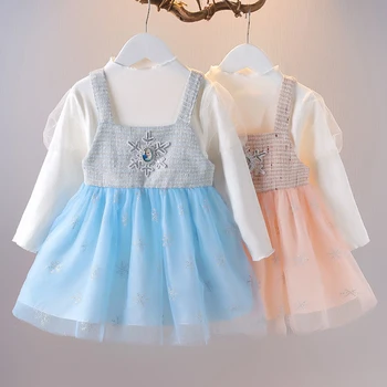 комплект платья для маленьких девочек, весенне-осенний костюм из 2 предметов, белая футболка с длинными рукавами + платья на подтяжках, пачка из тюля, праздничная одежда для дня рождения, детская