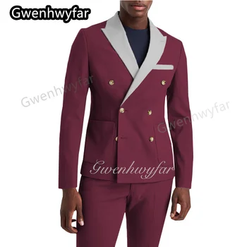 Мужской костюм с острым воротником Gwenhwyfar, приталенный крой, Бордовый мужской блейзер, брюки, 2 предмета, официальная повседневная деловая одежда для жениха на свадьбу