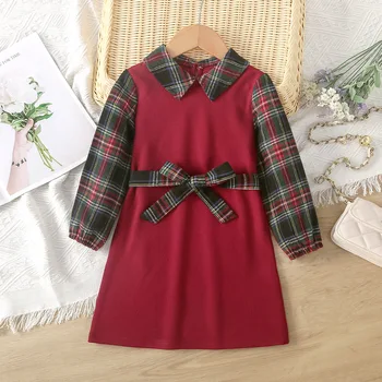 Повседневное детское платье-рубашка для девочек, осень-весна 2023, новое платье в клетку с длинными рукавами и нашивками для малышей, детская одежда с поясом