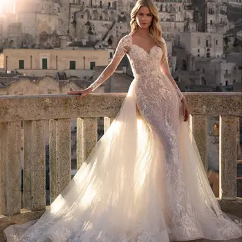 Изысканное свадебное платье-русалка с кружевной аппликацией Sweetherat, съемный шлейф, Длинные рукава, свадебное платье Sensual Vestidos De Novia