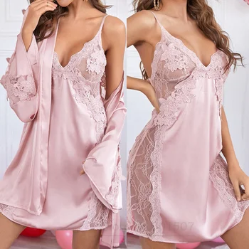 Кружевная ночная рубашка с вышивкой и цветочным рисунком, Кимоно, халат, женское атласное платье Hoem, Сексуальный комплект ночной рубашки и халата, Интимное белье, пижамы
