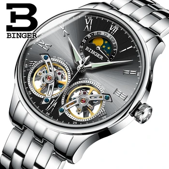 Швейцарские Оригинальные мужские автоматические часы BINGER с автоподзаводом, модные мужские механические наручные часы с двойным турбийоном 8606
