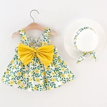 Сарафан для новорожденных, летнее платье-слинг с цветочным рисунком для девочек, детская одежда, хлопковые вечерние платья принцессы + солнцезащитная шляпа, 2 шт., комплекты на 1 год