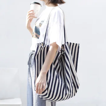 Холщовая женская сумка большой емкости 2022, женская сумка через плечо в простую полоску в стиле ретро, многофункциональная Повседневная открытая сумка для покупок