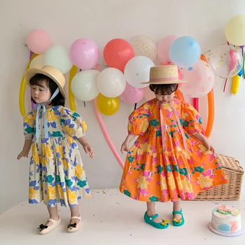 2023 Летнее Новое Свободное платье с пышными рукавами для маленьких Девочек Детское Милое платье принцессы с цветочным узором для малышей Юбка с большим подолом Детская одежда